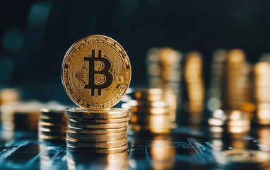 Bitcoin cryptocurrency coin stacked on digital background, representing value fluctuations and investment trends