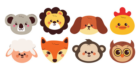 hand drawing cartoon animal head sticker set. cute animal drawing, doodle set