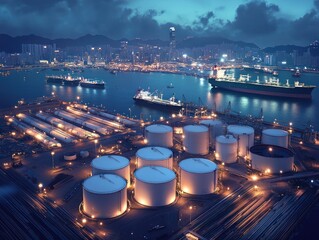 Nighttime harbor, oil tanks, city skyline