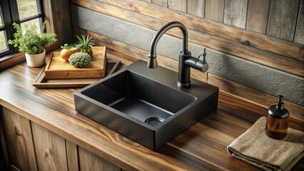 Black farmhouse sink soap dispenser complements wooden tray; aerial view showcases stylish kitchen design.
