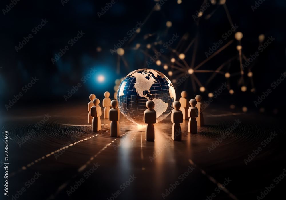 Aufkleber shenzhen, china - unknown date : wooden figures encircle a radiant globe, illustrating global networ