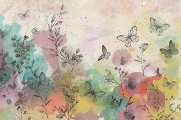 Vibrant Watercolor Collage of Butterflies and Floral Elements