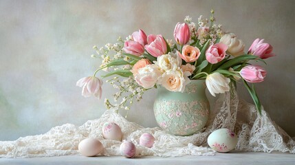 A floral Easter still-life featuring an elegant tulip bouquet in a pastel ceramic vase, surrounded by delicate lace