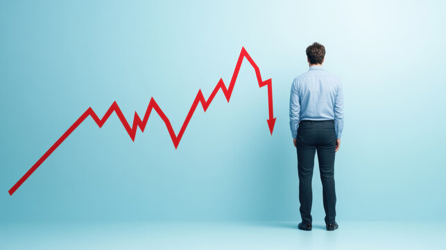 person stands in front of declining financial chart, reflecting concern about economic trends. red line indicates downward trajectory, symbolizing financial challenges