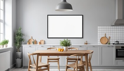 Modern Scandinavian Kitchen Interior with Blank Frame Mockup