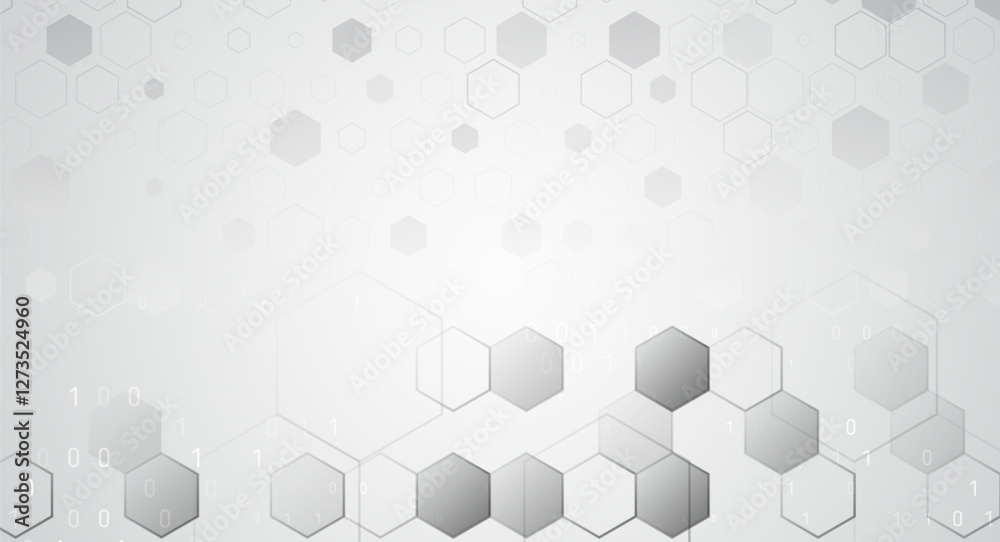 Poster Geometric background from hexagonal objects, lines and shadows. Polygonal abstract composition. Gray molecular background for the presentation of health, medical or technical topics.