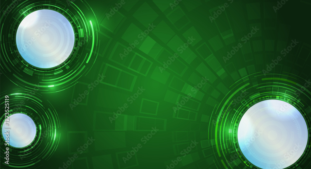 Poster High tech cover, internet communication on a green background. High computer technology design. Modern science vector presentation. Abstract circles and glows futuristic concept.