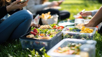 Business people eating from lunch boxes outdoors 