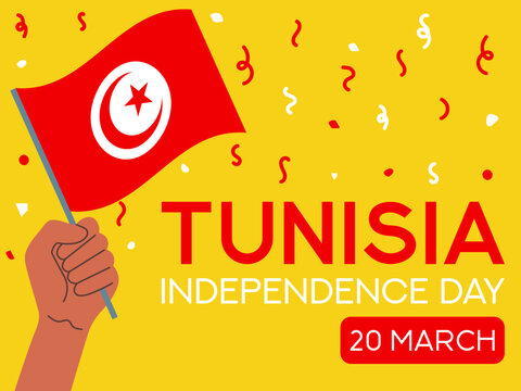 tunisia independence day 20 march, tunisia flag in hand. Greeting card, poster, banner template	
