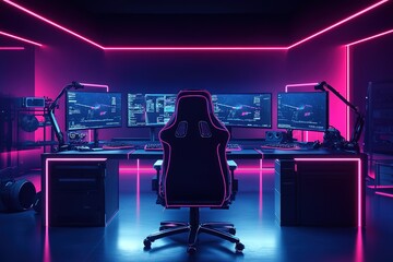 Neon Dreams: Epic Triple Monitor Gaming Setup. Vibrant RGB lighting illuminates a futuristic battle station, perfect for esports, streaming, or gaming content. High-resolution image ideal for         