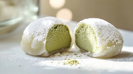 Delicious mochi ice cream with matcha green tea filling covered with powdered sugar