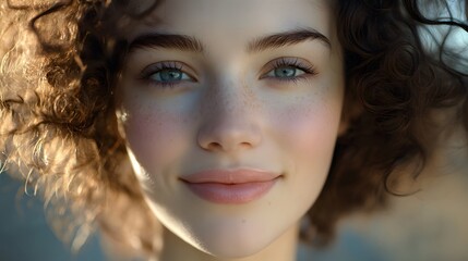 Fototapeta premium Portrait of a Happy Young Woman with Natural Beauty and Curly Hair Captured in Soft Light