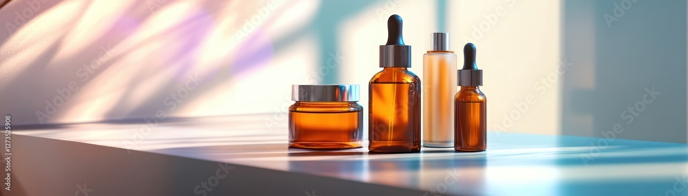 Poster skincare products displayed in the light with shadows visible