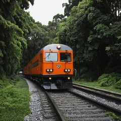 Obraz premium Orange Train Traveling Through Lush Green Forest