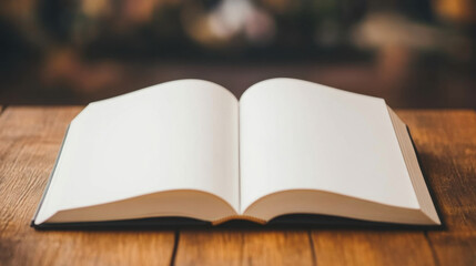 Fototapeta premium open diary book with empty pages resting on wooden table, inviting creativity and reflection. serene atmosphere encourages thoughts and ideas to flow freely