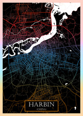 Harbin City Street Map, downtown printable Landmarks, print city painting, travel art, city banner, modern city, urban city art, background abstract city