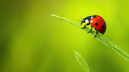 Obraz premium a ladybug perched on a blade of grass, its vibrant red shell contrasting against the green background