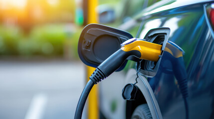 Electric vehicle charging plug connected to car, showcasing transition to sustainable energy. image highlights growing importance of electric transportation