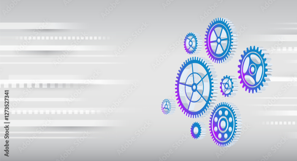 Poster Cogwheel for science experiment presentation. Mechanical engineering concept. Business and industry internet banner. The mechanism consisting of gears on a grey background for the presentation.