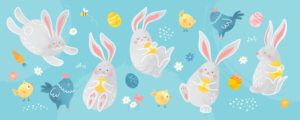 Collection of cute Easter bunnies, hens and chicks. Cartoon funny animals with watercolor texture. Easter eggs, spring flowers, bee, carrot on blue background. Vector illustration.
