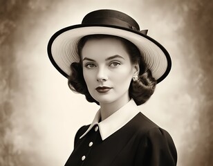Elegant Woman in Vintage Hat and Dress