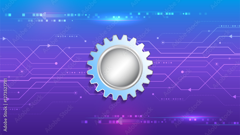 Poster Cogwheel for science experiment presentation. Mechanical engineering concept. Business and industry internet banner. The mechanism consisting of gears on a purple background for the presentation.