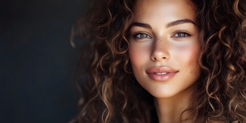 Naklejka premium Elegant Woman with Radiant Skin and Beautiful Curly Hair Posing for a Close-Up Shot