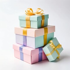 Stack of Pastel Gift Boxes with Gold and Purple Ribbons