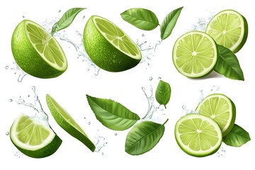 Refreshing Lime Slices: Juicy Citrus, Vibrant Green Leaves, Splashing Water Droplets. Perfect for summer drinks, healthy recipes, and tropical themes. High-resolution image ideal for websites, blogs, 
