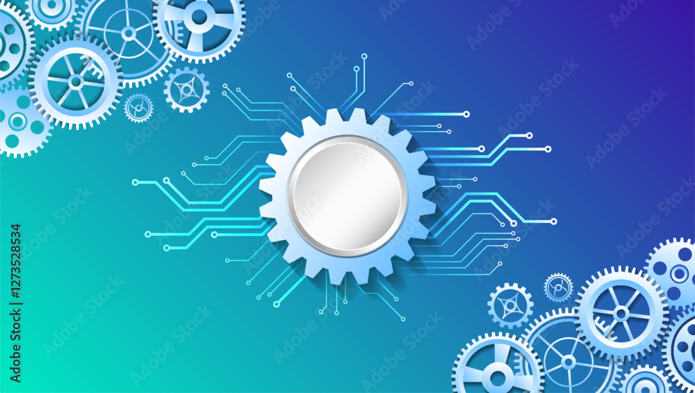 Poster Business and industry internet banner. The mechanism consisting of gears on a blue background for the presentation. Cogwheel for science experiment presentation. Mechanical engineering concept.