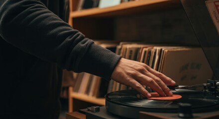 Person playing vinyl record on turntable in cozy setting