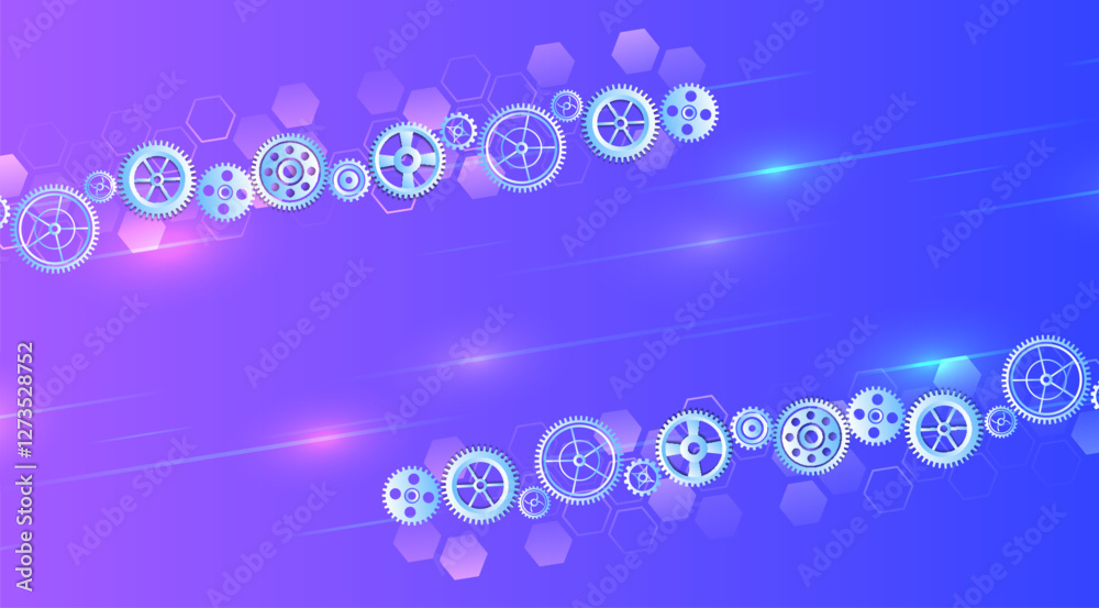 Poster The mechanism consisting of gears on a blue background for the presentation. Cogwheel for science experiment presentation. Mechanical engineering concept. Business and industry internet banner.