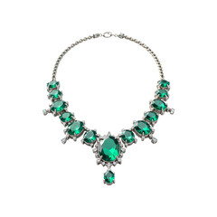 Silver necklace with green diamonds isolated on transparent background. Silver necklace with emerald, topaz, sapphir png. Jewelry and gemstones