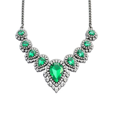 Silver necklace with green diamonds isolated on transparent background. Silver necklace with emerald, topaz, sapphir png. Jewelry and gemstones