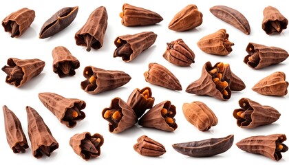 Obraz premium Collection of Dried Bauhinia Pods and Flowers Isolated on White