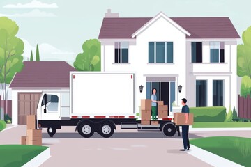 Moving day cardboard boxes loaded into truck in front of a house residential area action scene daytime invigorating relocation concept