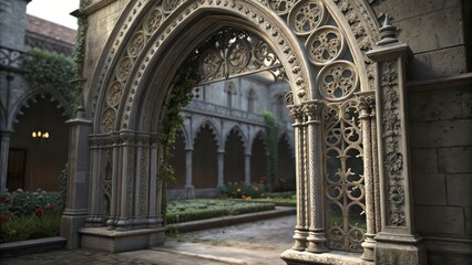 Fototapeta premium Gothic Archway, Courtyard, Stonework, White Background