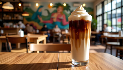 Iced latte in sunny cafe - with vibrant mermaid mural
