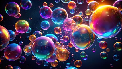 Colorful abstract neon bubbles floating in mid-air against a dark black background with subtle lava lamp effect , bubbly effect, neon lights