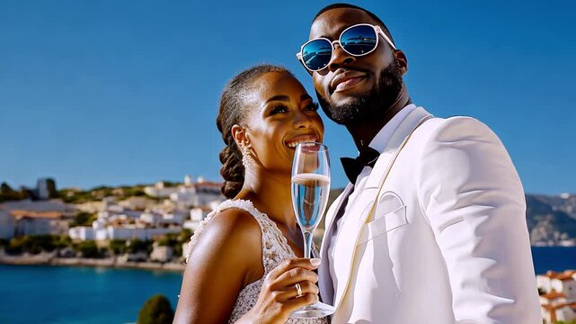Elegant couple celebrating wedding with champagne near scenic waterfront