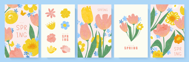 Hello spring, set of cards with hand drawn spring flowers and butterfly. Poster for spring holiday. Hand drawn floral template for women's day march 8, mother's day, easter or birthday. Vector © Liliya