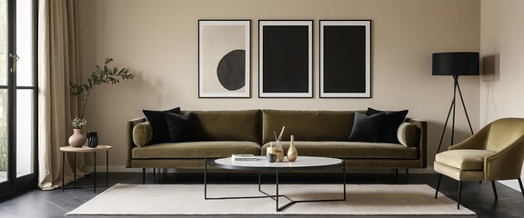 Modern Living Room Interior Design with Olive Green Velvet Sofa