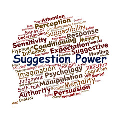 Suggestion Power Word Cloud. Key Insights on Influence, Perception, and Psychology