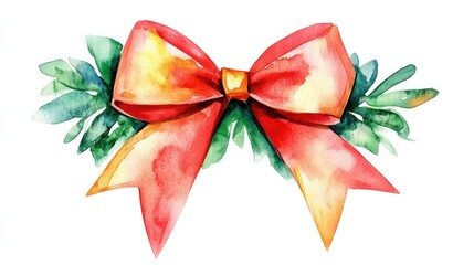 Fototapeta premium Elegant Watercolor Christmas Bow with Festive Greenery Perfect for Holiday Cards and Decorations