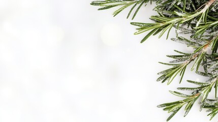 Fototapeta premium Festive rosemary sprig on white, bokeh background; holiday card