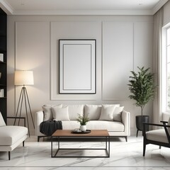Modern Living Room Interior Design Mockup with White Sofa and Empty Frame