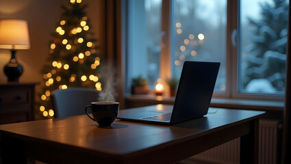 remote work with a laptop and coffee cup in winter season and a view snow of the outdoors in the night, cozy living home.