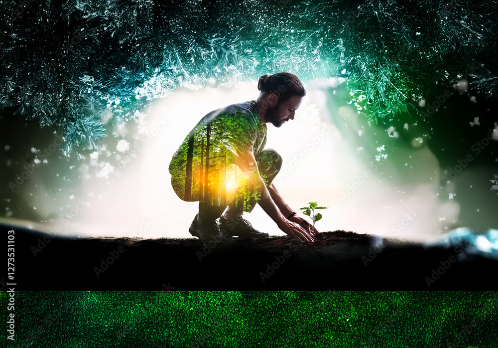 Poster shenzhen, china - unknown date : man plants a sapling, symbolizing growth and nature's resilience. s
