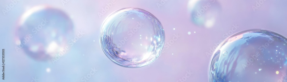 Poster Abstract iridescent soap bubbles float against a soft pastel background