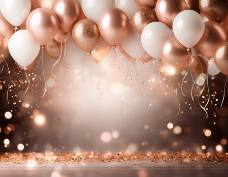 Party background with rose gold balloons and sparkling decorations for festive celebrations
